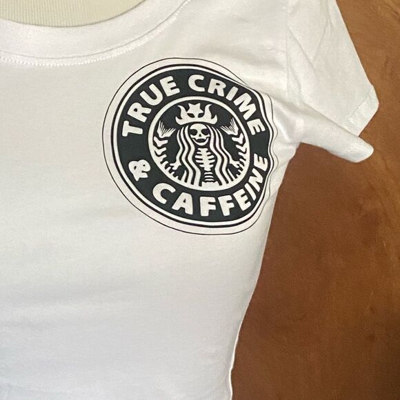 “True Crime & Caffeine”, White Ladies Fitted Tee, S-3X - Picture 7 of 9